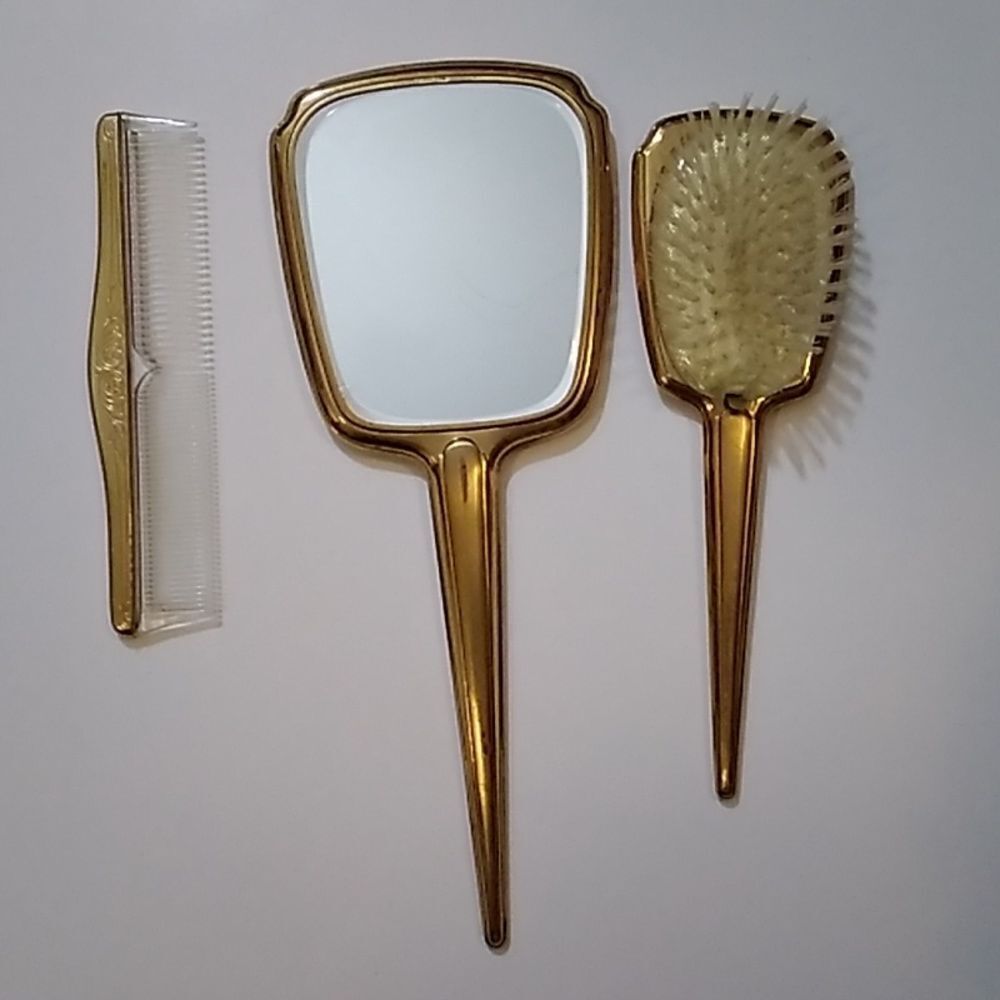 Vintage Ornate Handheld Vanity Of Set 3  Pc Comb Hand Mirror  Brush Tone Gold